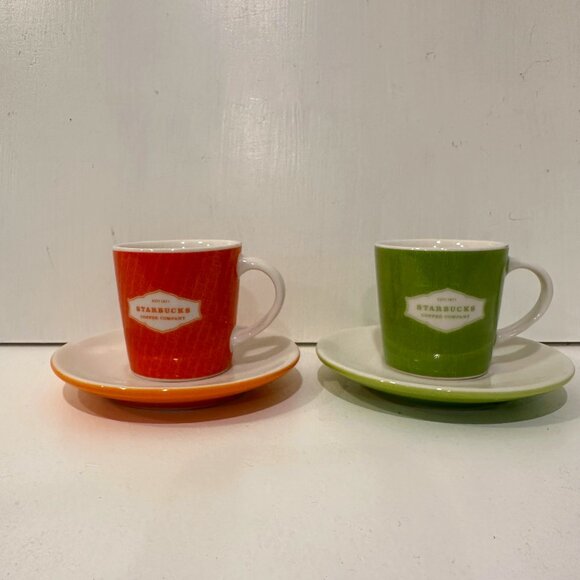 Starbucks Coffee Signature Green and Orange Espresso Cup And Saucer Set of 2 - Picture 1 of 4